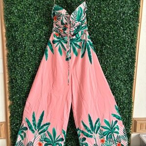 Fashion Nova Pink and Green Tropical Jumpsuit